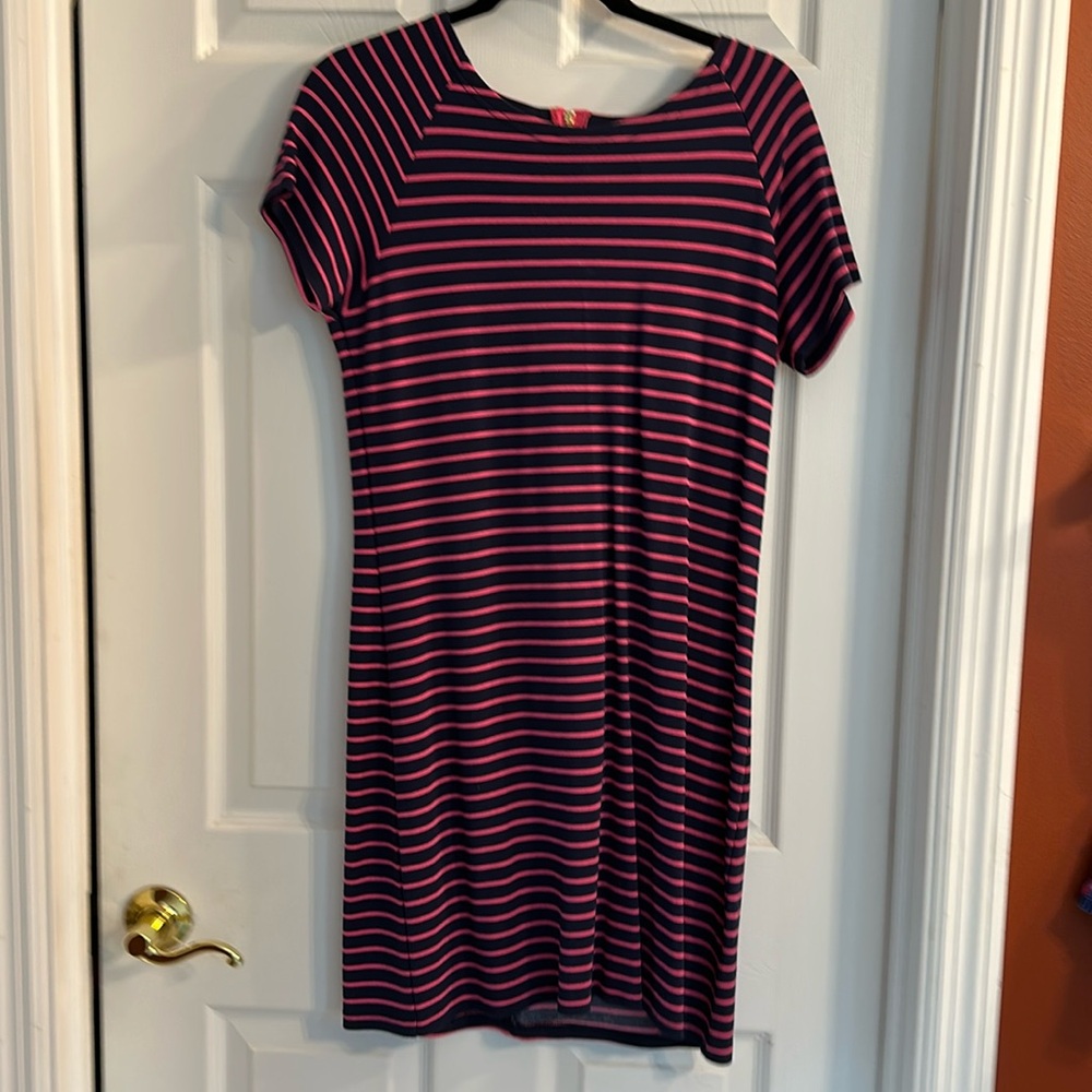 Navy blue with pink stripe dress. Gold zipper up the back. Size small